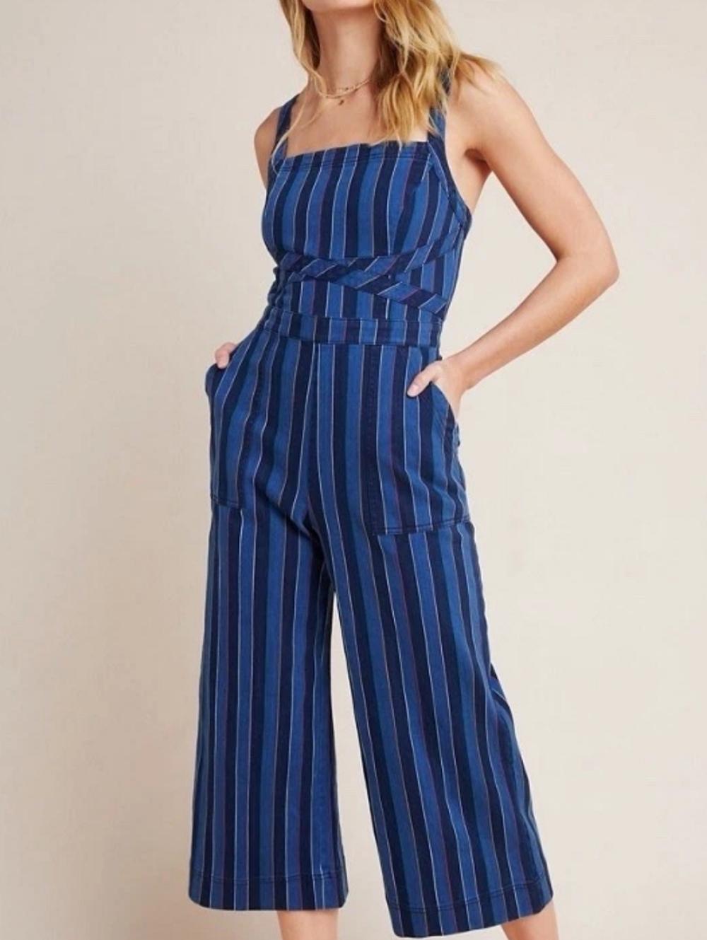 Anthropologie Blue Striped Wide-Leg Jumpsuit